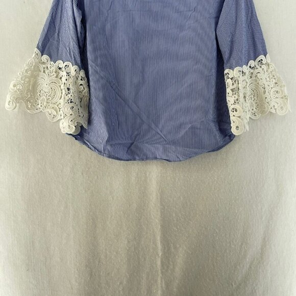Zara Blouse Women's Sz XS Blue Striped Boat Neck Embroidered Bell 3/4 Sleeve - Picture 9 of 12